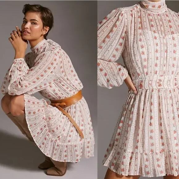 Anthropologie Let Me Be Mock Neck Sheer Mini Dress Medium Rose Floral Chiffon - Picture 1 of 3